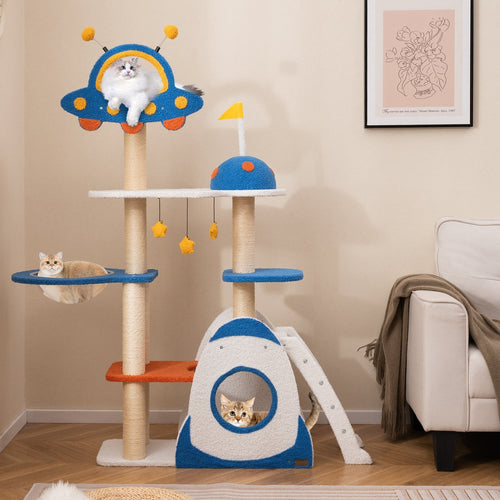 Space Theme Cat Tree Multi-level Cat Tower with Sisal Covered Scratching Posts, Multicolor