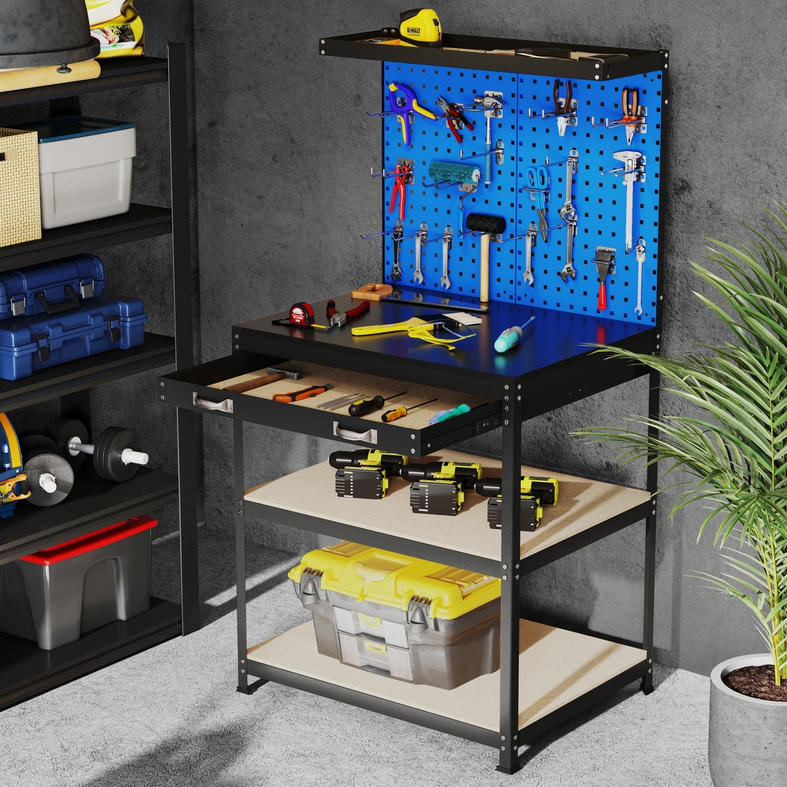 32 x 16 Inch Workbench Work Table with 2 PCs Pegboard Drawer and Shelves, Navy Garages at Gallery Canada