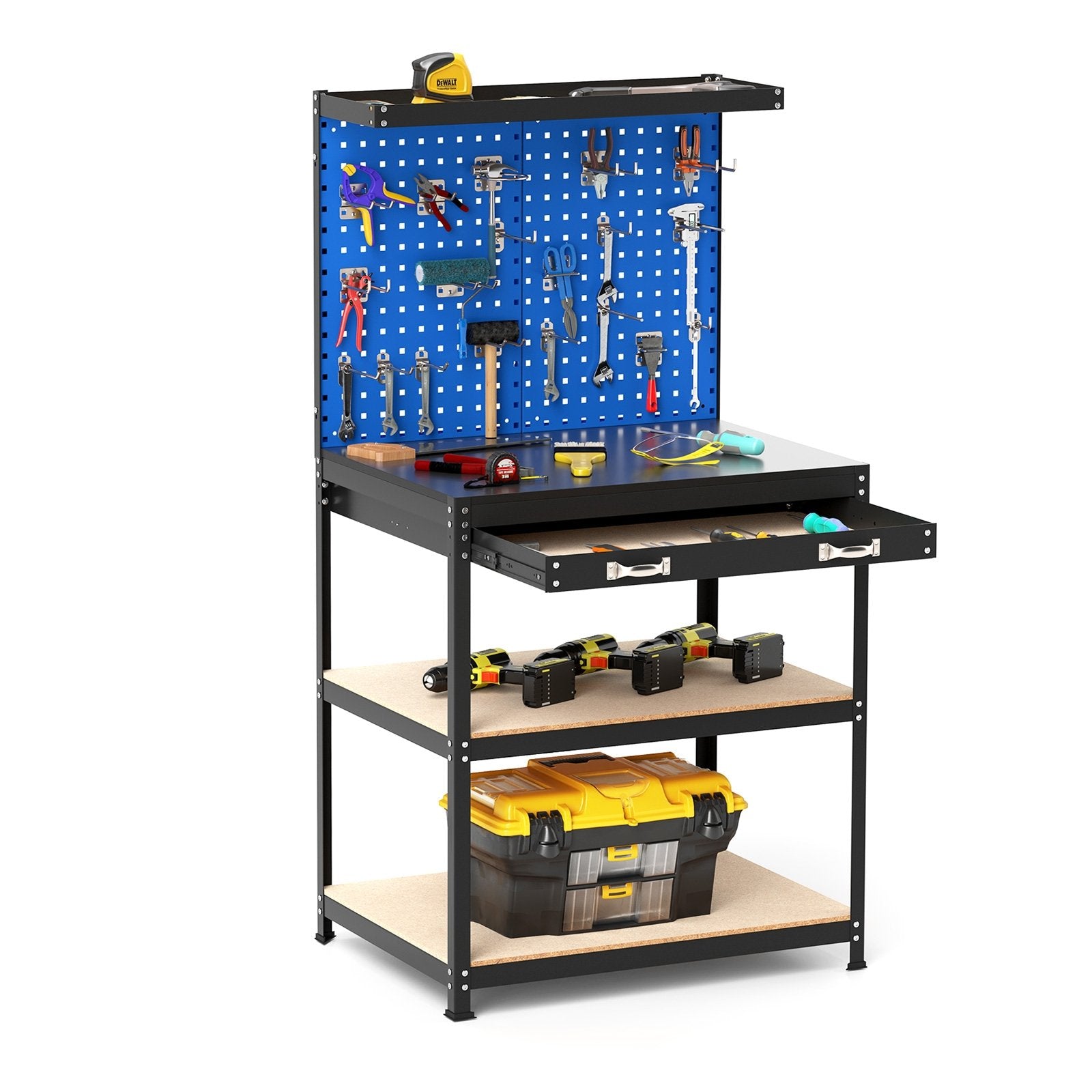 32 x 16 Inch Workbench Work Table with 2 PCs Pegboard Drawer and Shelves, Navy Garages Navy at Gallery Canada