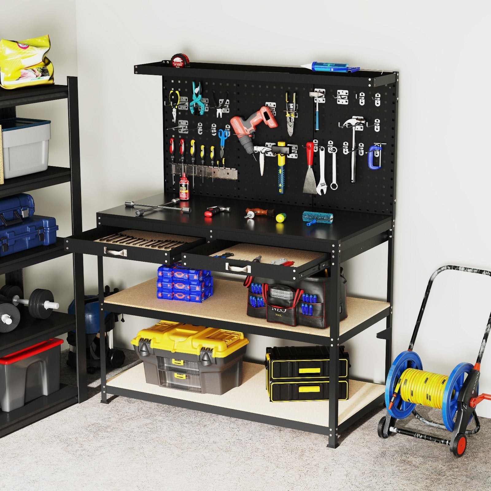 48 x 24 Inch Workbench Work Table with 3 PCs Pegboard Drawer and Shelves, Black Garages at Gallery Canada