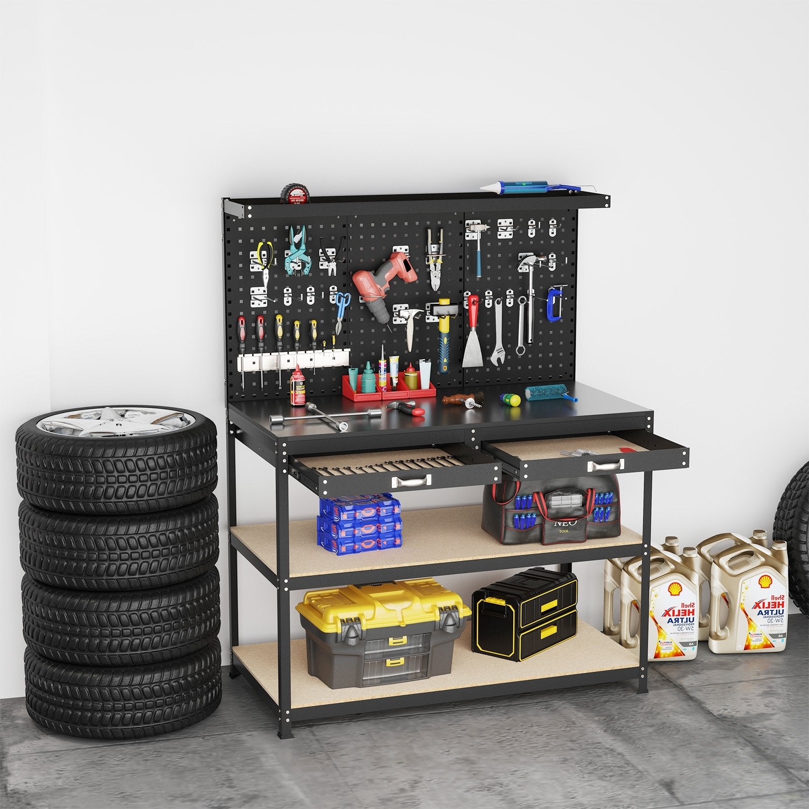 48 x 24 Inch Workbench Work Table with 3 PCs Pegboard Drawer and Shelves, Black Garages at Gallery Canada