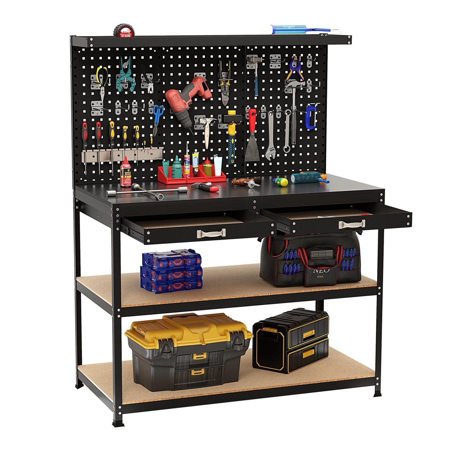 48 x 24 Inch Workbench Work Table with 3 PCs Pegboard Drawer and Shelves, Black Garages Black at Gallery Canada