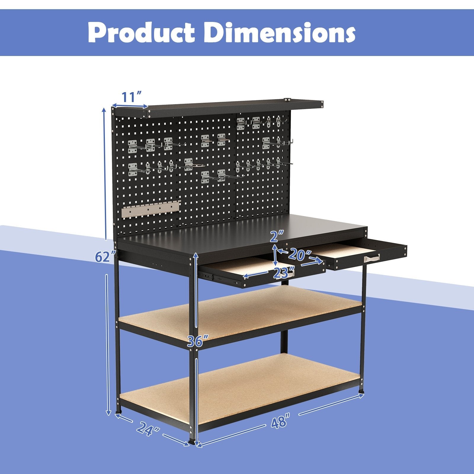 48 x 24 Inch Workbench Work Table with 3 PCs Pegboard Drawer and Shelves, Black Garages at Gallery Canada