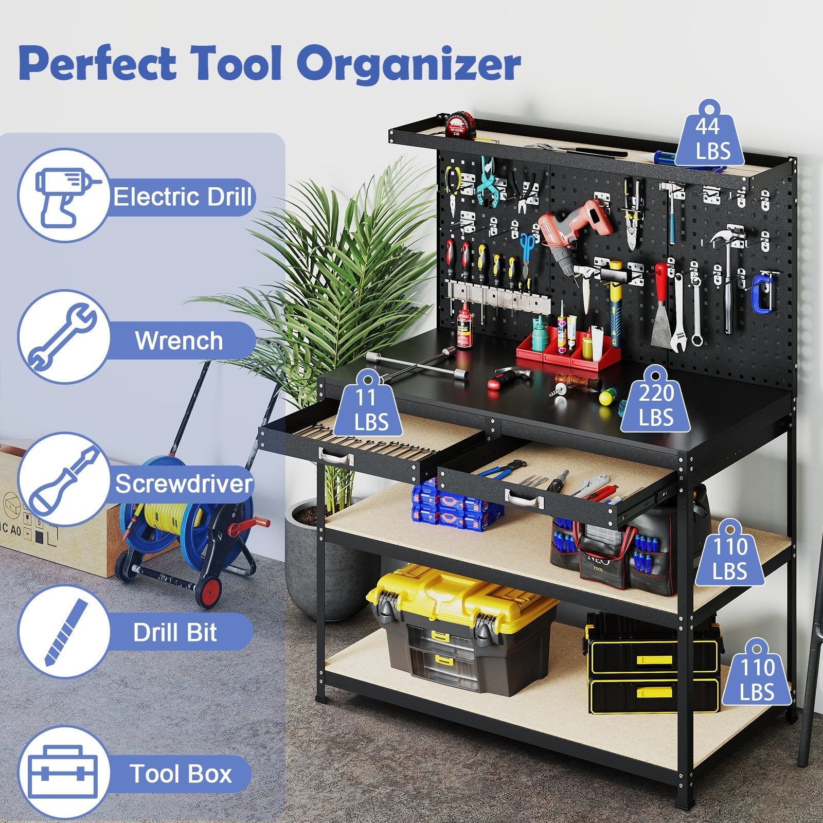 48 x 24 Inch Workbench Work Table with 3 PCs Pegboard Drawer and Shelves, Black Garages at Gallery Canada