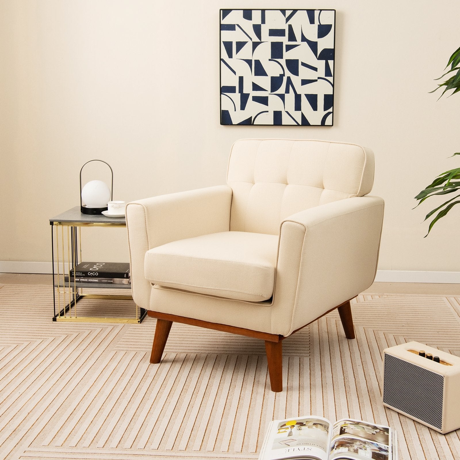 Modern Accent Chair Upholstered Linen Fabric Armchair with Removable Padded Seat Cushion, Beige Accent Chairs at Gallery Canada