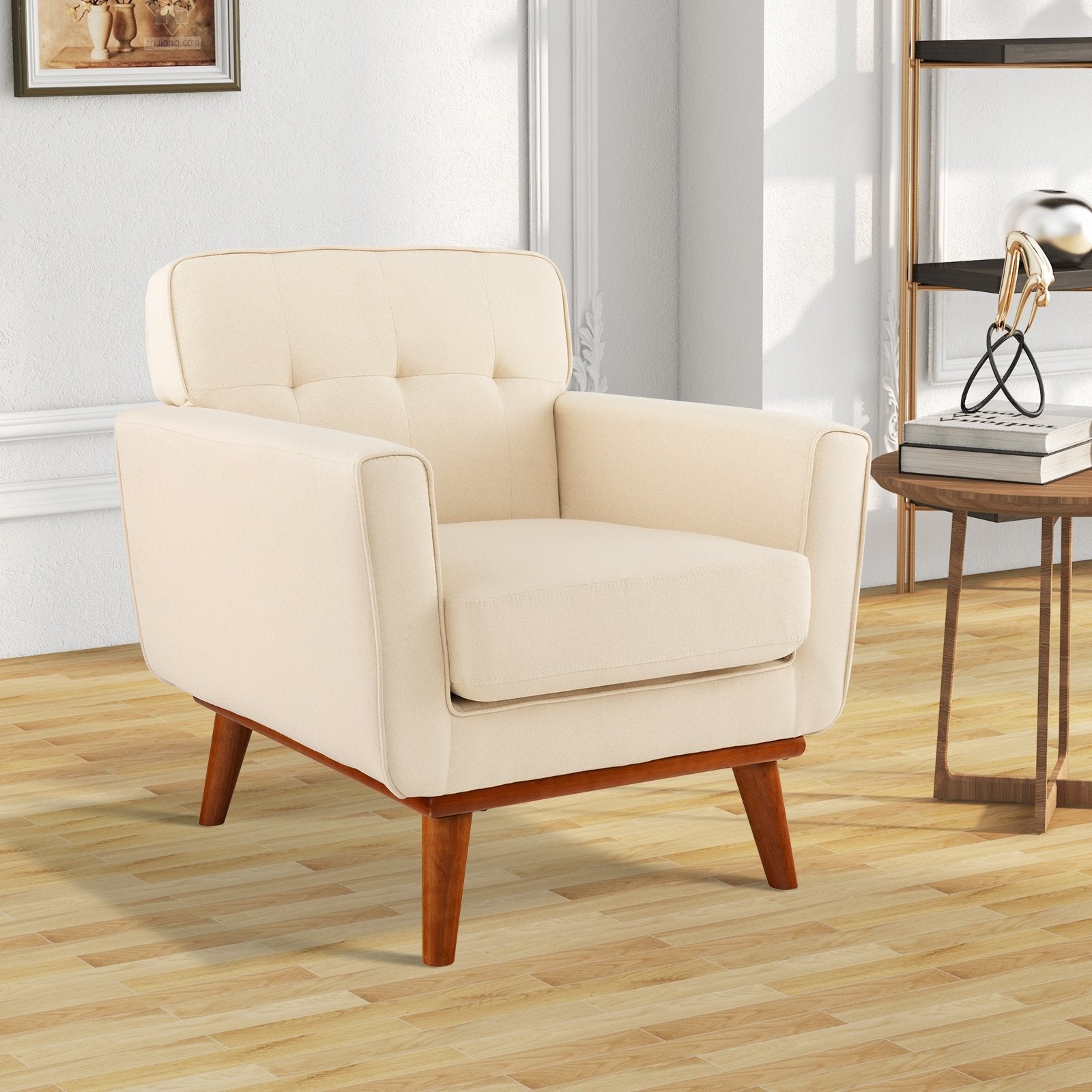 Modern Accent Chair Upholstered Linen Fabric Armchair with Removable Padded Seat Cushion, Beige Accent Chairs at Gallery Canada