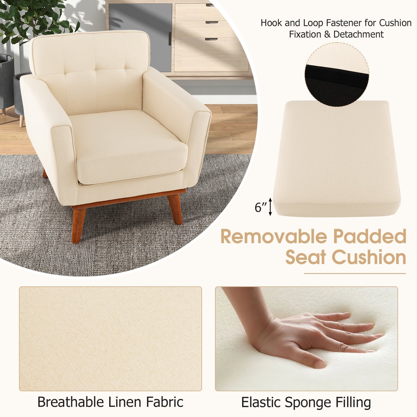 Modern Accent Chair Upholstered Linen Fabric Armchair with Removable Padded Seat Cushion, Beige Accent Chairs at Gallery Canada