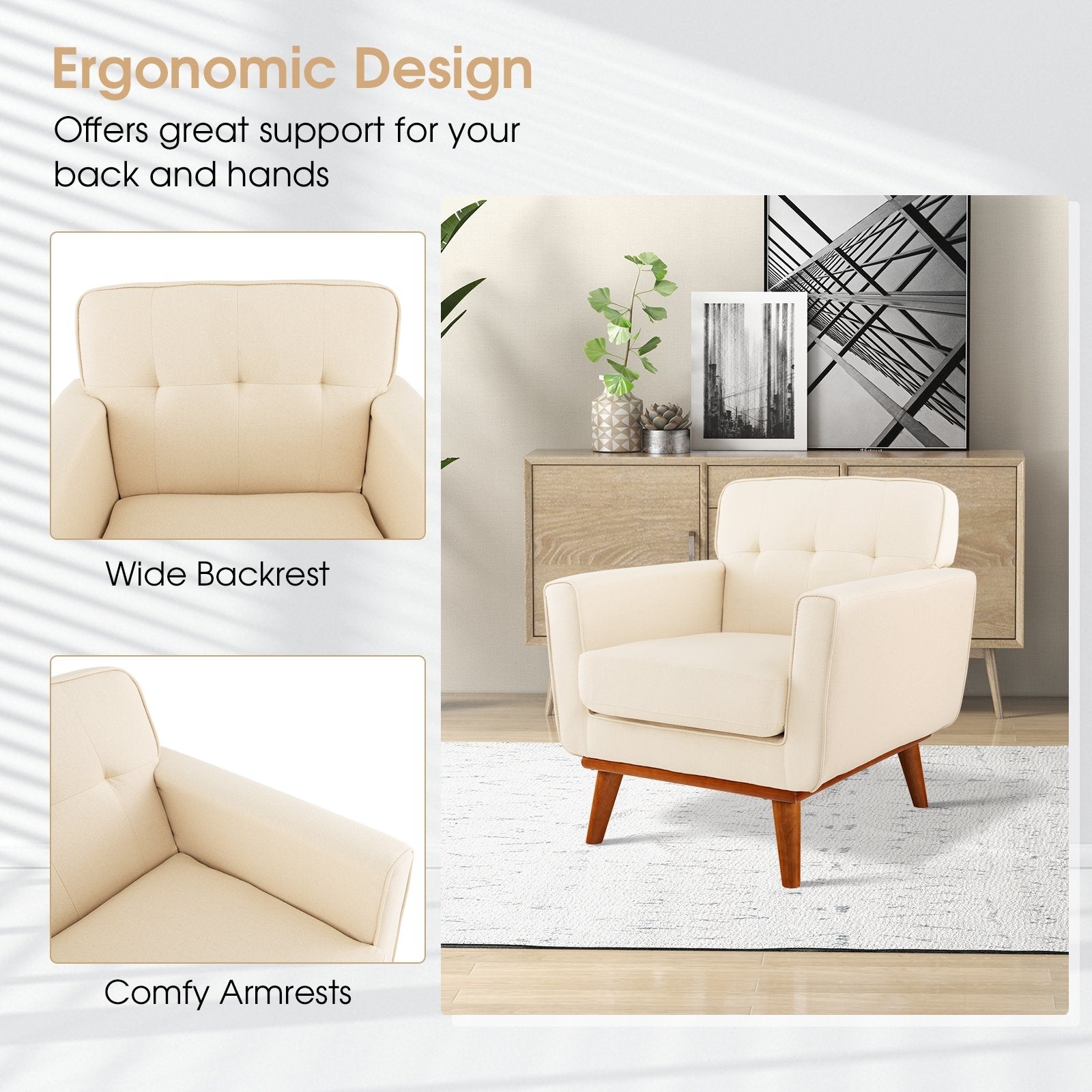 Modern Accent Chair Upholstered Linen Fabric Armchair with Removable Padded Seat Cushion, Beige Accent Chairs at Gallery Canada