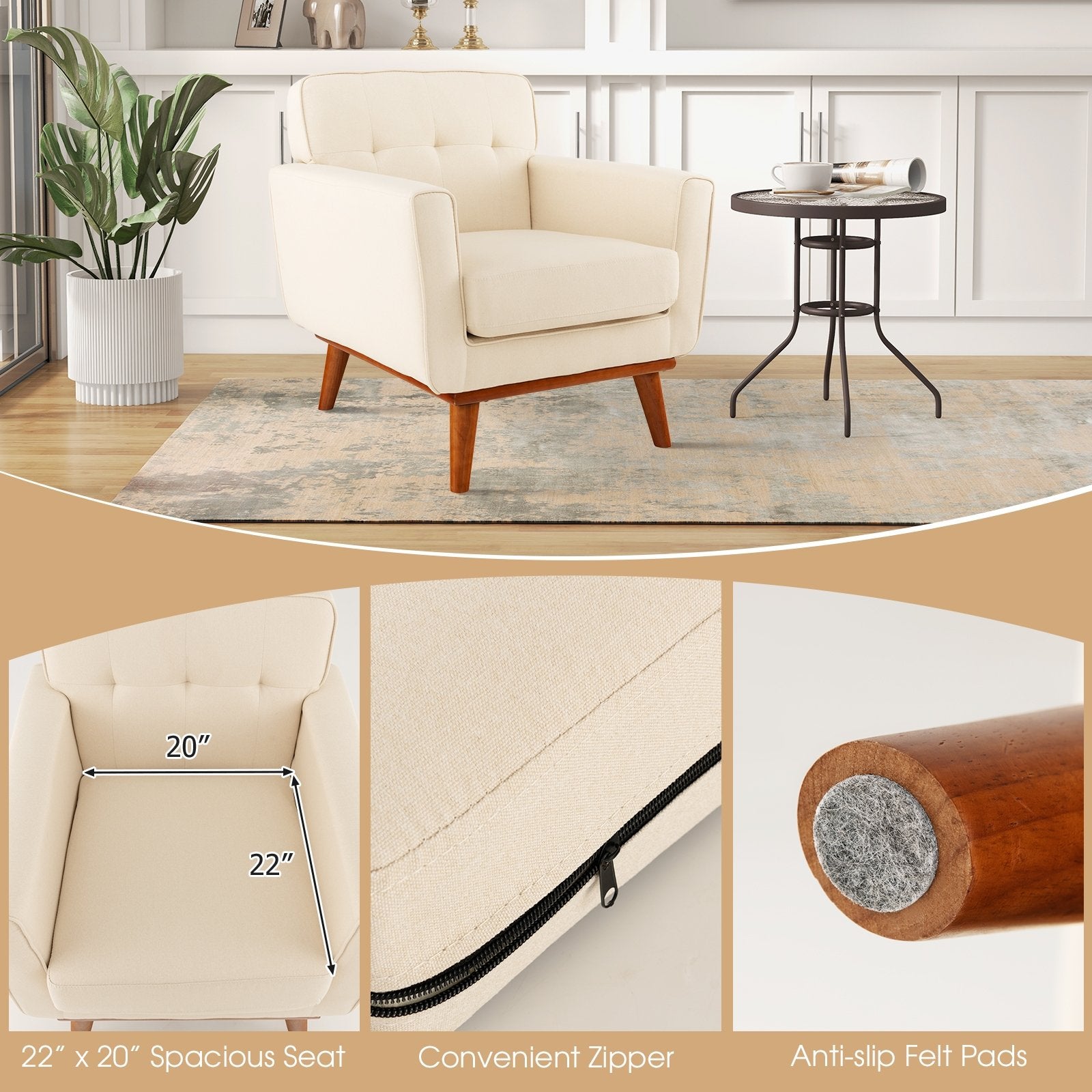 Modern Accent Chair Upholstered Linen Fabric Armchair with Removable Padded Seat Cushion, Beige Accent Chairs at Gallery Canada