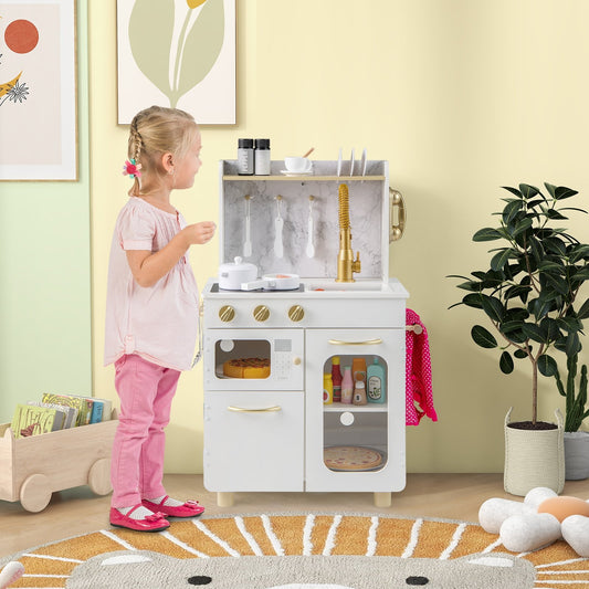 Kids Kitchen Set Pretend Play Kitchen with Stoves Faucet Sink Telephone Microwave and Oven, White Play Kitchen Sets White at Gallery Canada