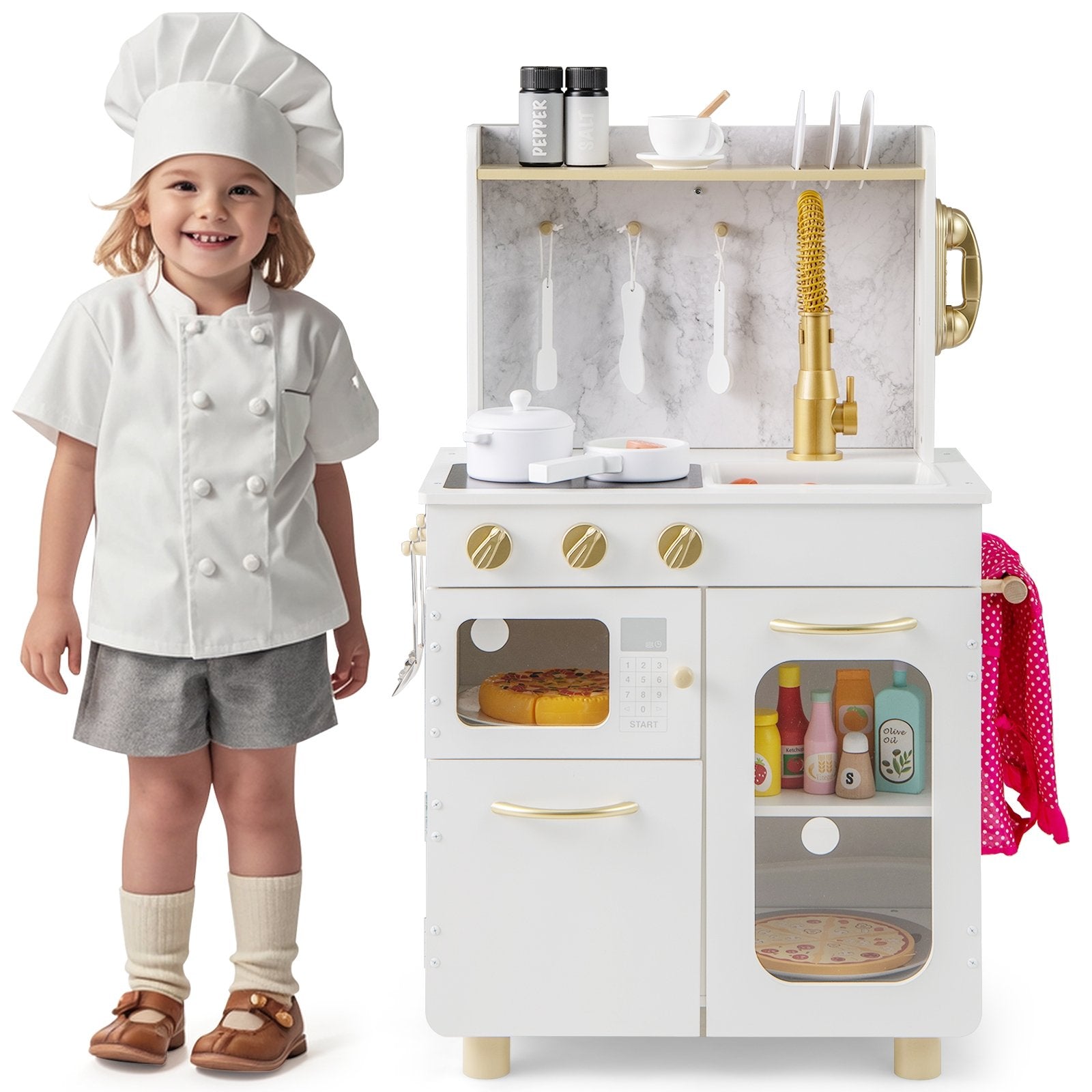 Kids Kitchen Set Pretend Play Kitchen with Stoves Faucet Sink Telephone Microwave and Oven, White Play Kitchen Sets at Gallery Canada