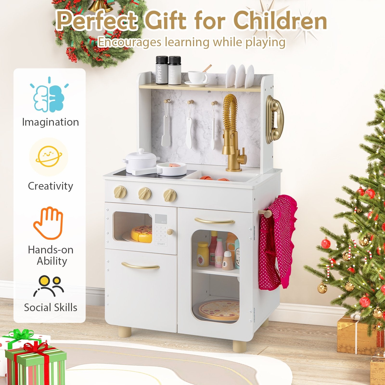 Kids Kitchen Set Pretend Play Kitchen with Stoves Faucet Sink Telephone Microwave and Oven, White Play Kitchen Sets at Gallery Canada