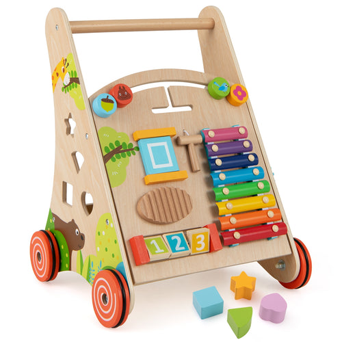 Wooden Push and Pull Baby Walker with Handle and Storage, Natural