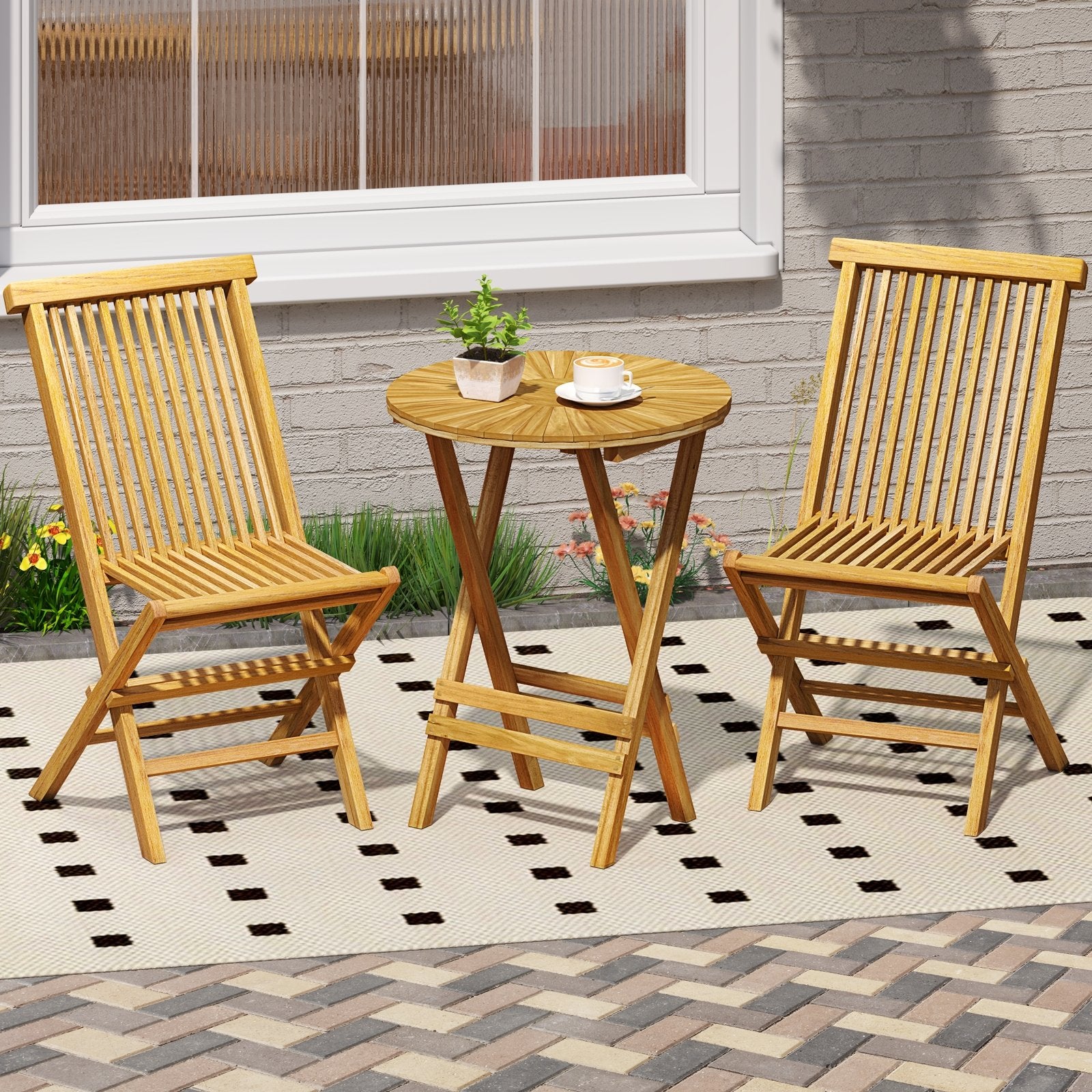 Patio Folding Side Table Teak Wood Round End Table with Slatted Tabletop and X-Shaped Frame, Natural Patio Coffee Tables at Gallery Canada