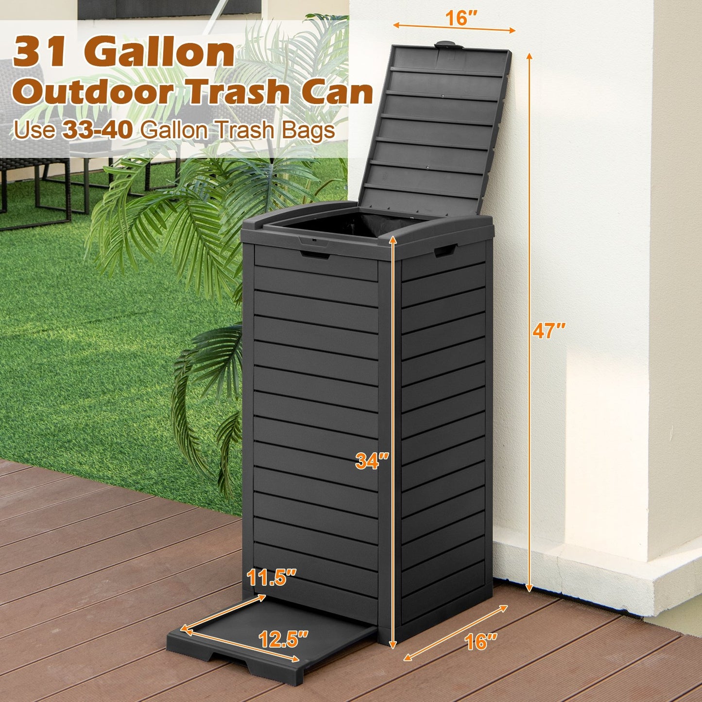 31 Gallon Large Outdoor Trash Can with Lid and Pull-out Liquid Drawer for Easy Cleaning, Black Garden Tools   at Gallery Canada