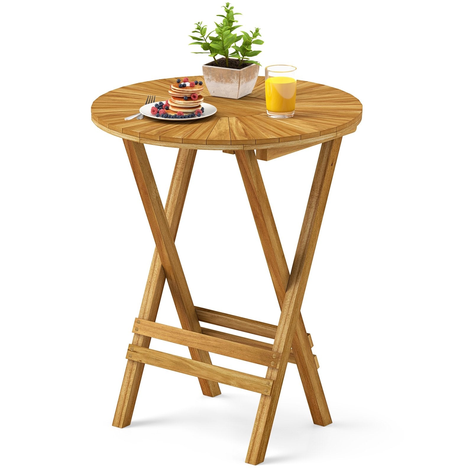 Patio Folding Side Table Teak Wood Round End Table with Slatted Tabletop and X-Shaped Frame, Natural Patio Coffee Tables Natural at Gallery Canada