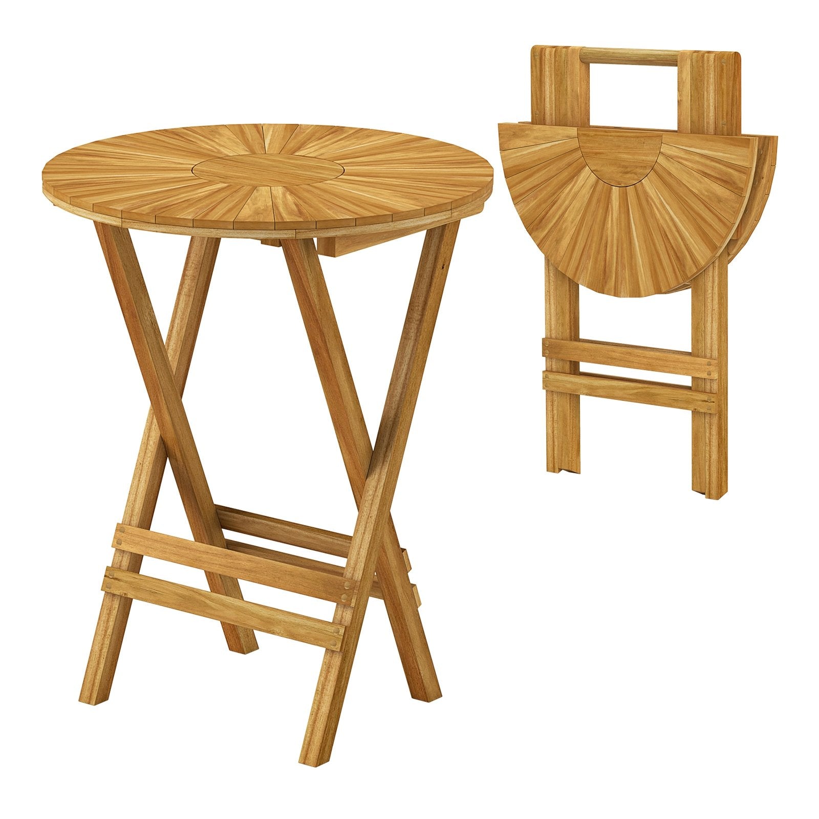 Patio Folding Side Table Teak Wood Round End Table with Slatted Tabletop and X-Shaped Frame, Natural Patio Coffee Tables at Gallery Canada