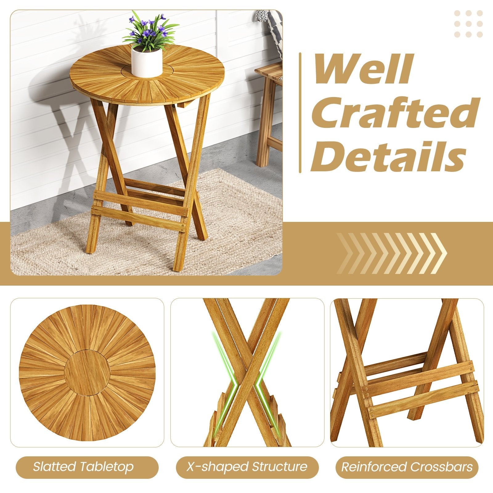 Patio Folding Side Table Teak Wood Round End Table with Slatted Tabletop and X-Shaped Frame, Natural Patio Coffee Tables at Gallery Canada