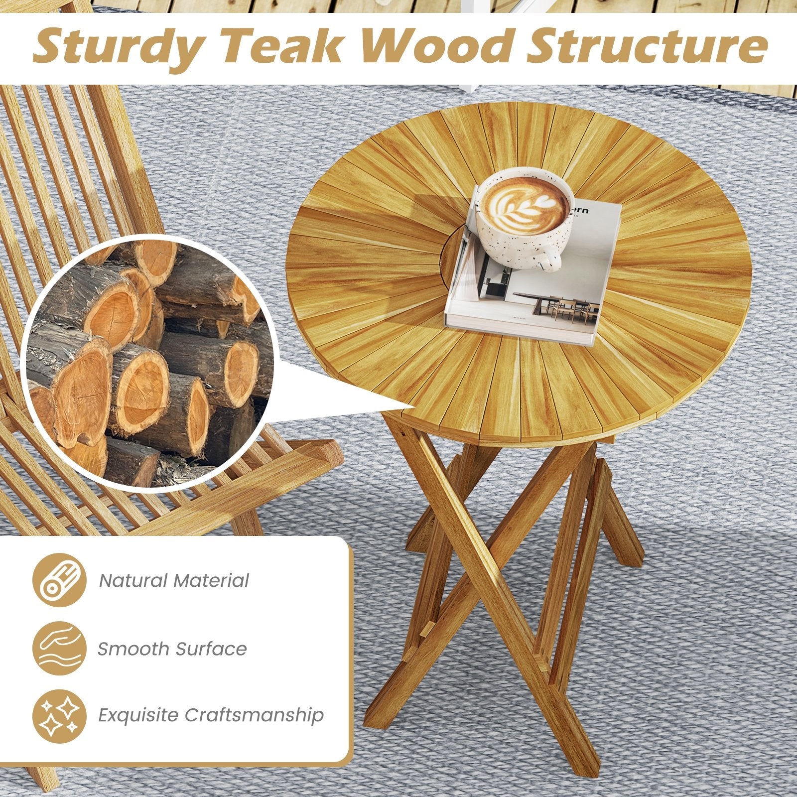 Patio Folding Side Table Teak Wood Round End Table with Slatted Tabletop and X-Shaped Frame, Natural Patio Coffee Tables at Gallery Canada