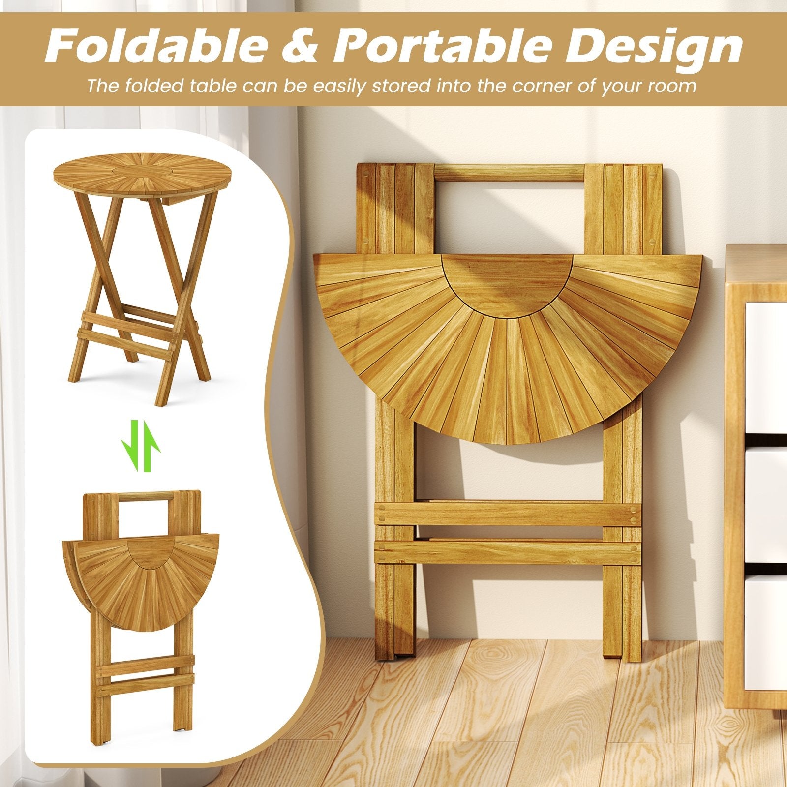 Patio Folding Side Table Teak Wood Round End Table with Slatted Tabletop and X-Shaped Frame, Natural Patio Coffee Tables at Gallery Canada