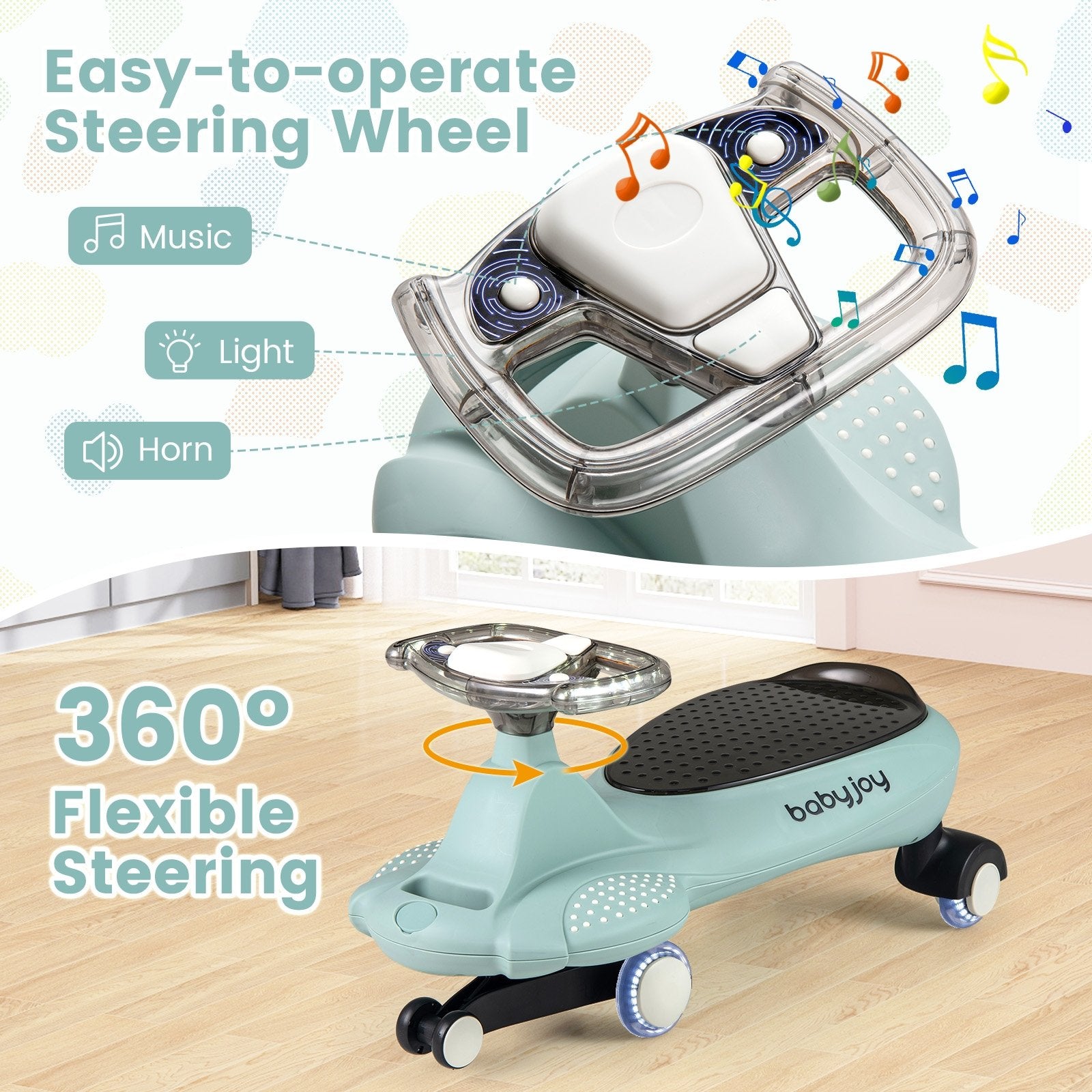 Wiggle Car with Hauling Rope Ride on Toy with Under-Seat Storage, Green Push & Pedal Ride On Toys at Gallery Canada