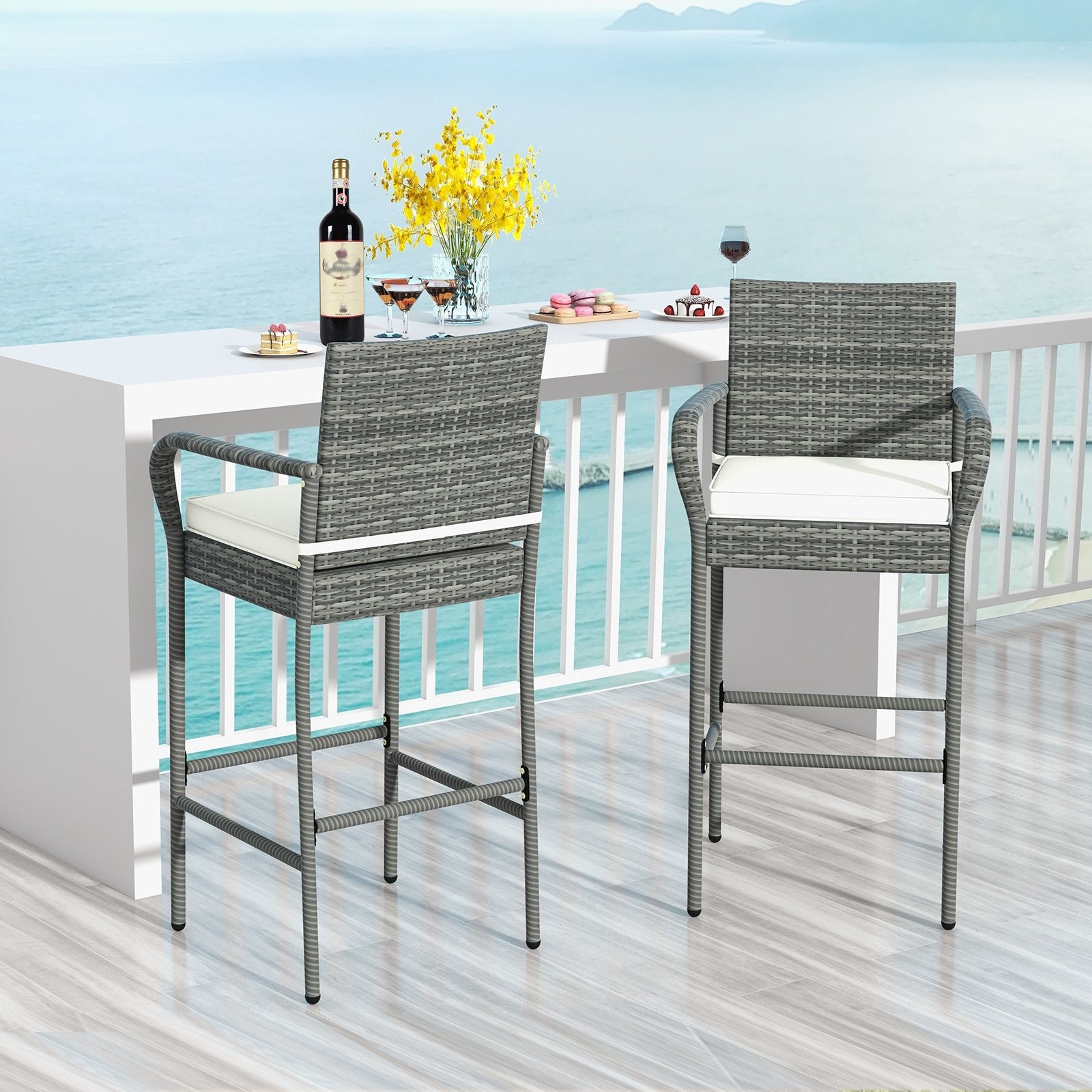 Patio Wicker Barstools with Armrests and Soft Cushions for Porch Backyard Set of 2, Gray Patio Bar Furniture at Gallery Canada