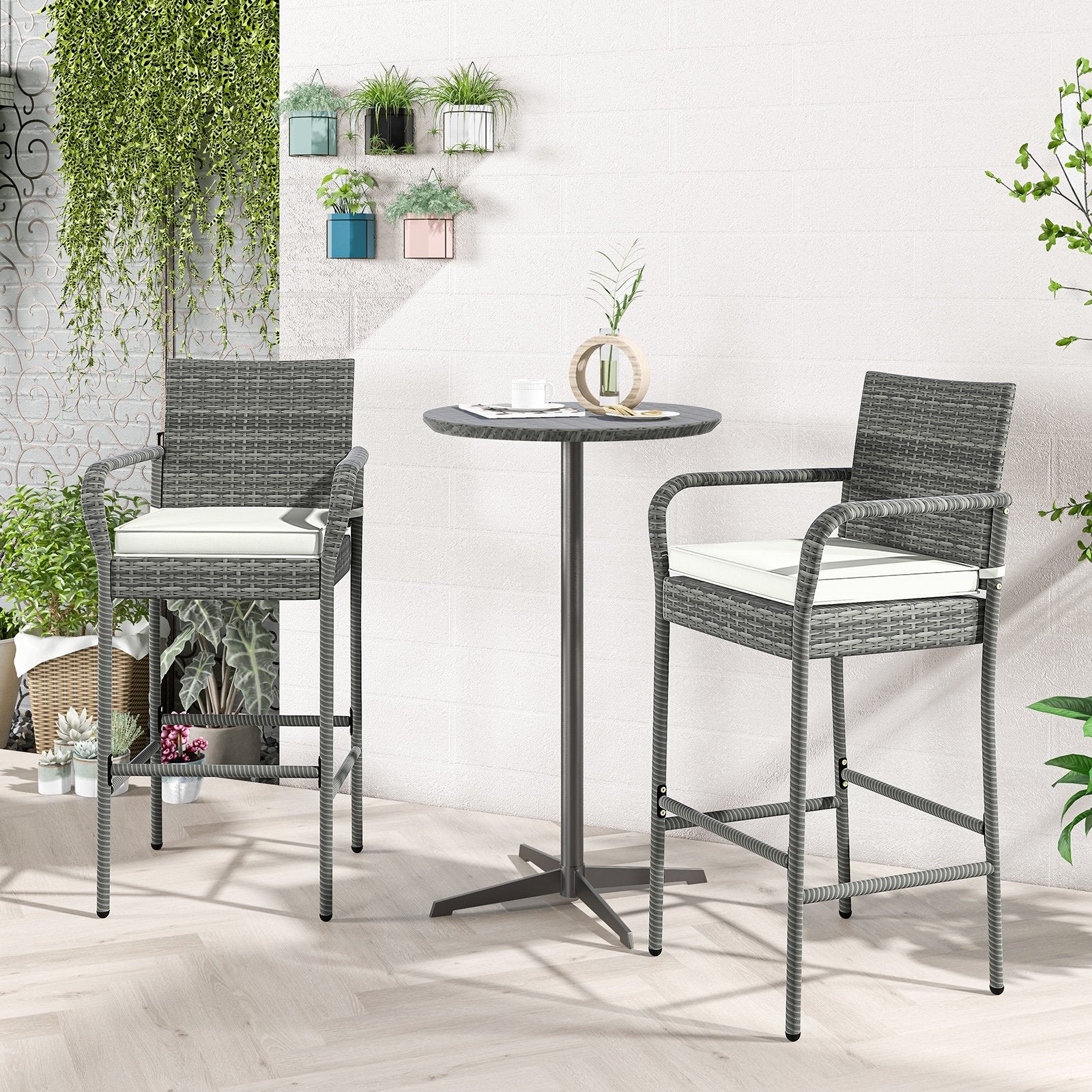 Patio Wicker Barstools with Armrests and Soft Cushions for Porch Backyard Set of 2, Gray Patio Bar Furniture at Gallery Canada