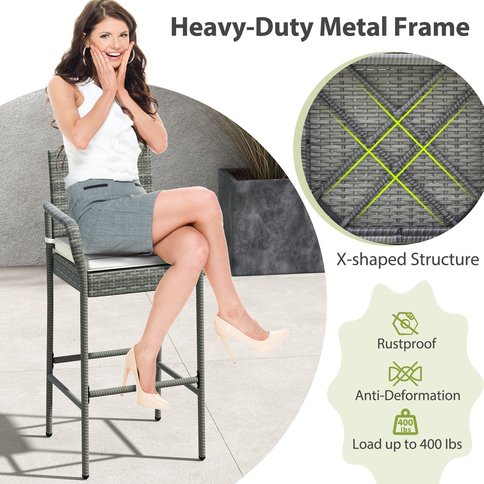Patio Wicker Barstools with Armrests and Soft Cushions for Porch Backyard Set of 2, Gray Patio Bar Furniture at Gallery Canada