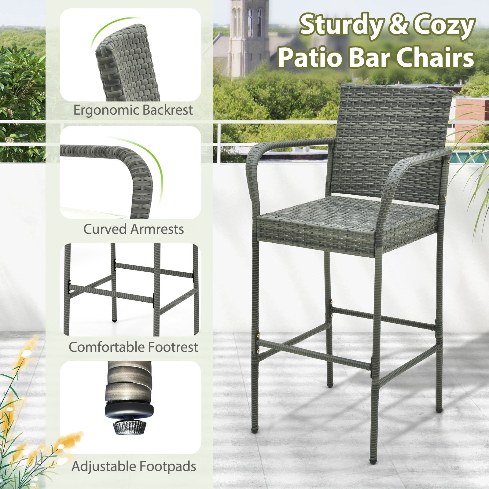 Patio Wicker Barstools with Armrests and Soft Cushions for Porch Backyard Set of 2, Gray Patio Bar Furniture at Gallery Canada