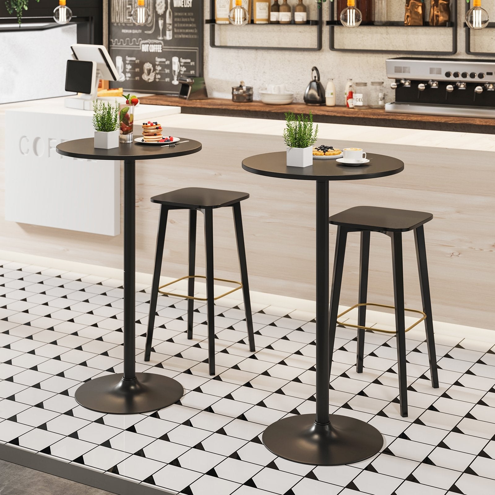24 Inch Modern Round Cocktail Table with Metal Base and MDF Top-Set of 2, Black Bar Tables at Gallery Canada