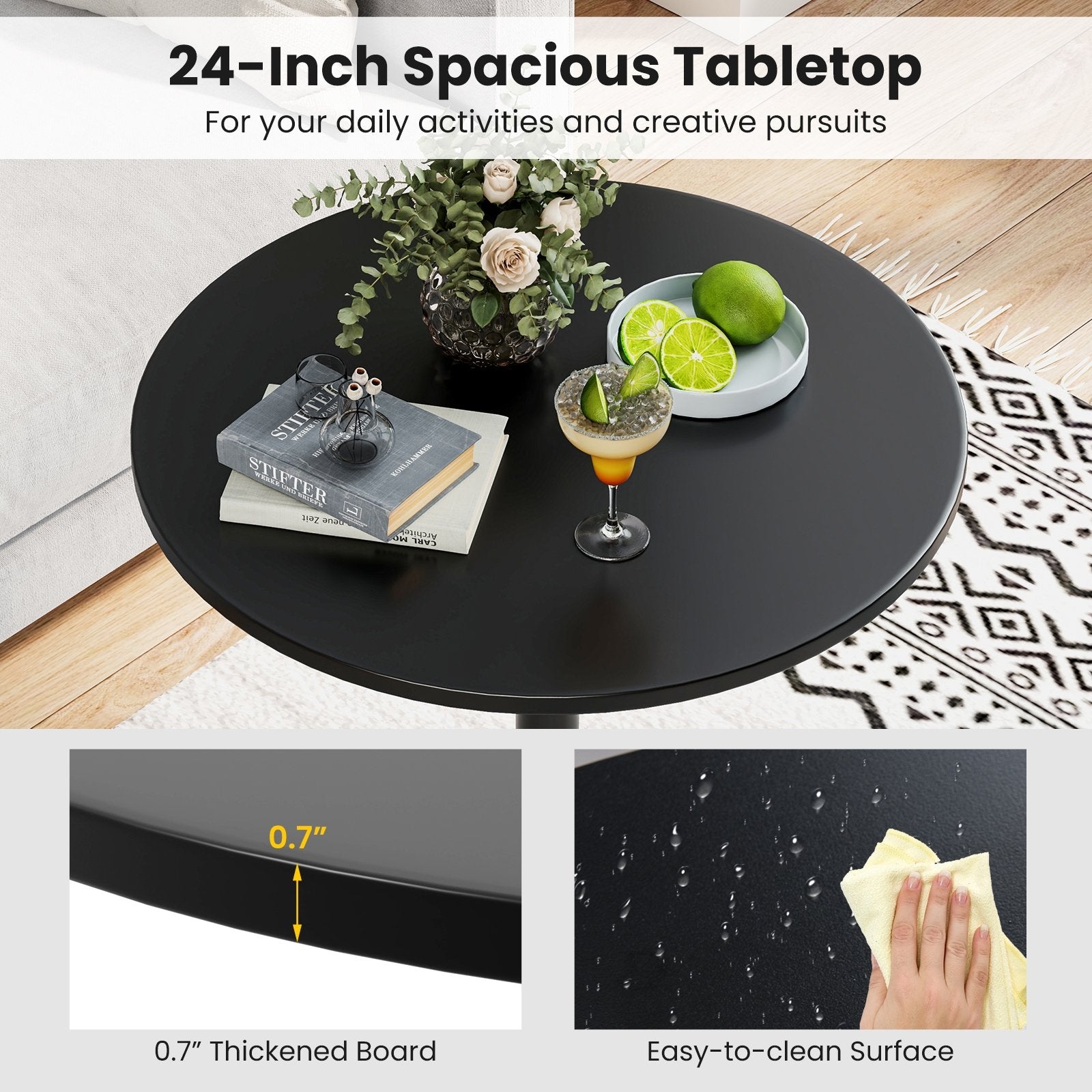 24 Inch Modern Round Cocktail Table with Metal Base and MDF Top-Set of 2, Black Bar Tables at Gallery Canada