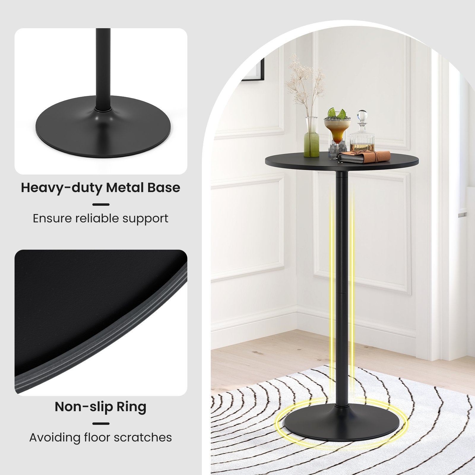 24 Inch Modern Round Cocktail Table with Metal Base and MDF Top-Set of 2, Black Bar Tables at Gallery Canada