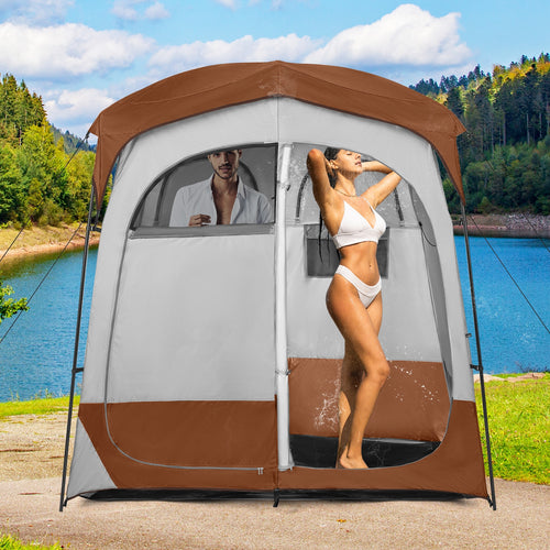 2 Rooms Oversize Privacy Shower Tent with Removable Rain Fly and Inside Pocket, Brown