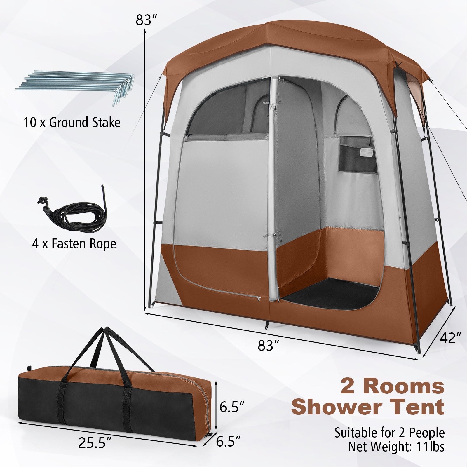 2 Rooms Oversize Privacy Shower Tent with Removable Rain Fly and Inside Pocket, Brown Tents at Gallery Canada