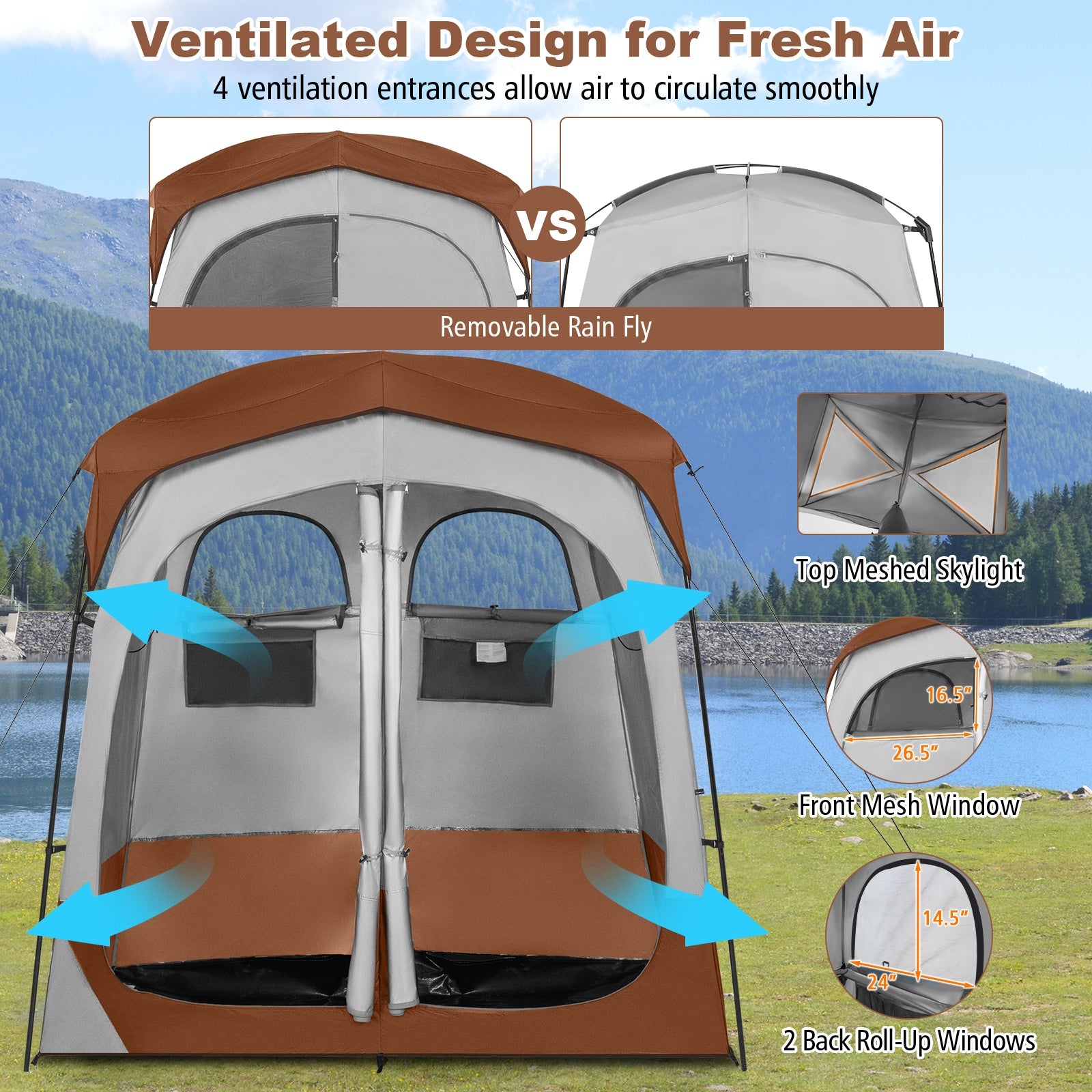 2 Rooms Oversize Privacy Shower Tent with Removable Rain Fly and Inside Pocket, Brown Tents at Gallery Canada
