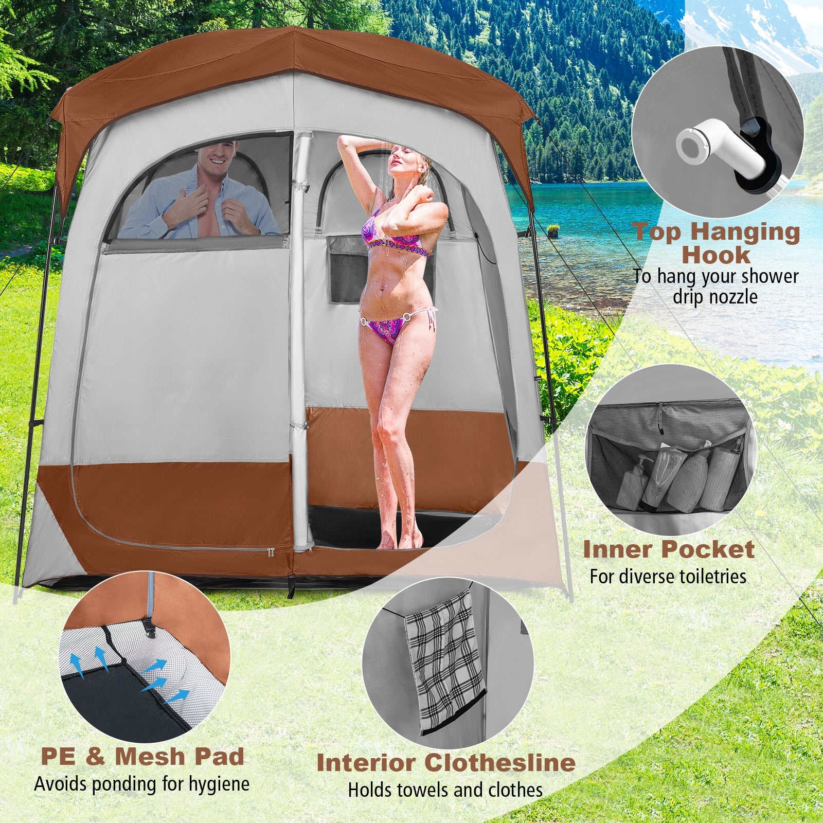 2 Rooms Oversize Privacy Shower Tent with Removable Rain Fly and Inside Pocket, Brown Tents at Gallery Canada