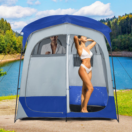 2 Rooms Oversize Privacy Shower Tent with Removable Rain Fly and Inside Pocket, Blue