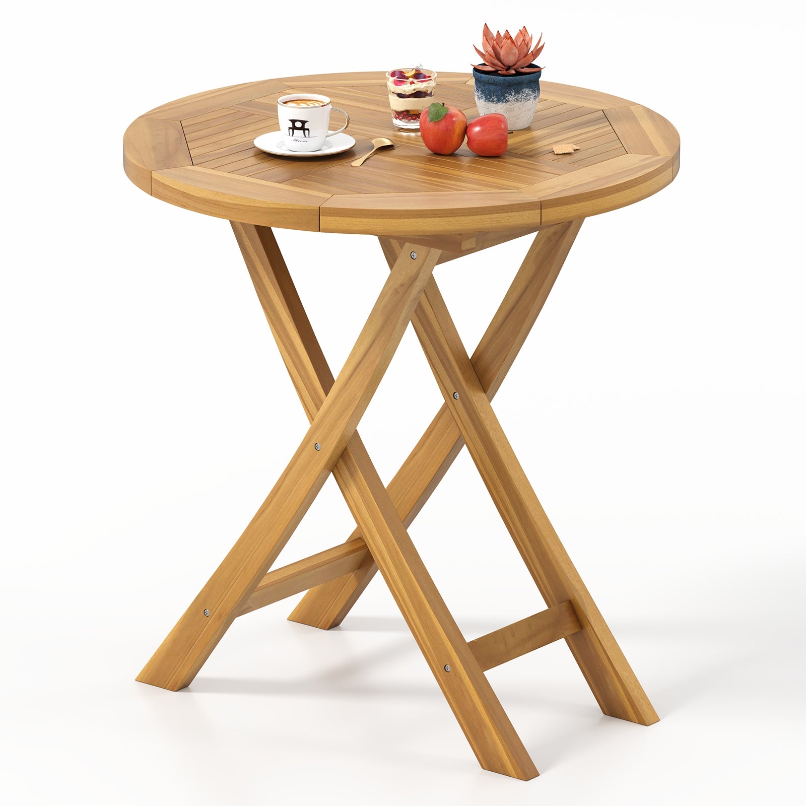 Patio Teak Wood Dining Table with Slatted Tabletop and Sturdy X-Shaped Frame Dining Tables at Gallery Canada