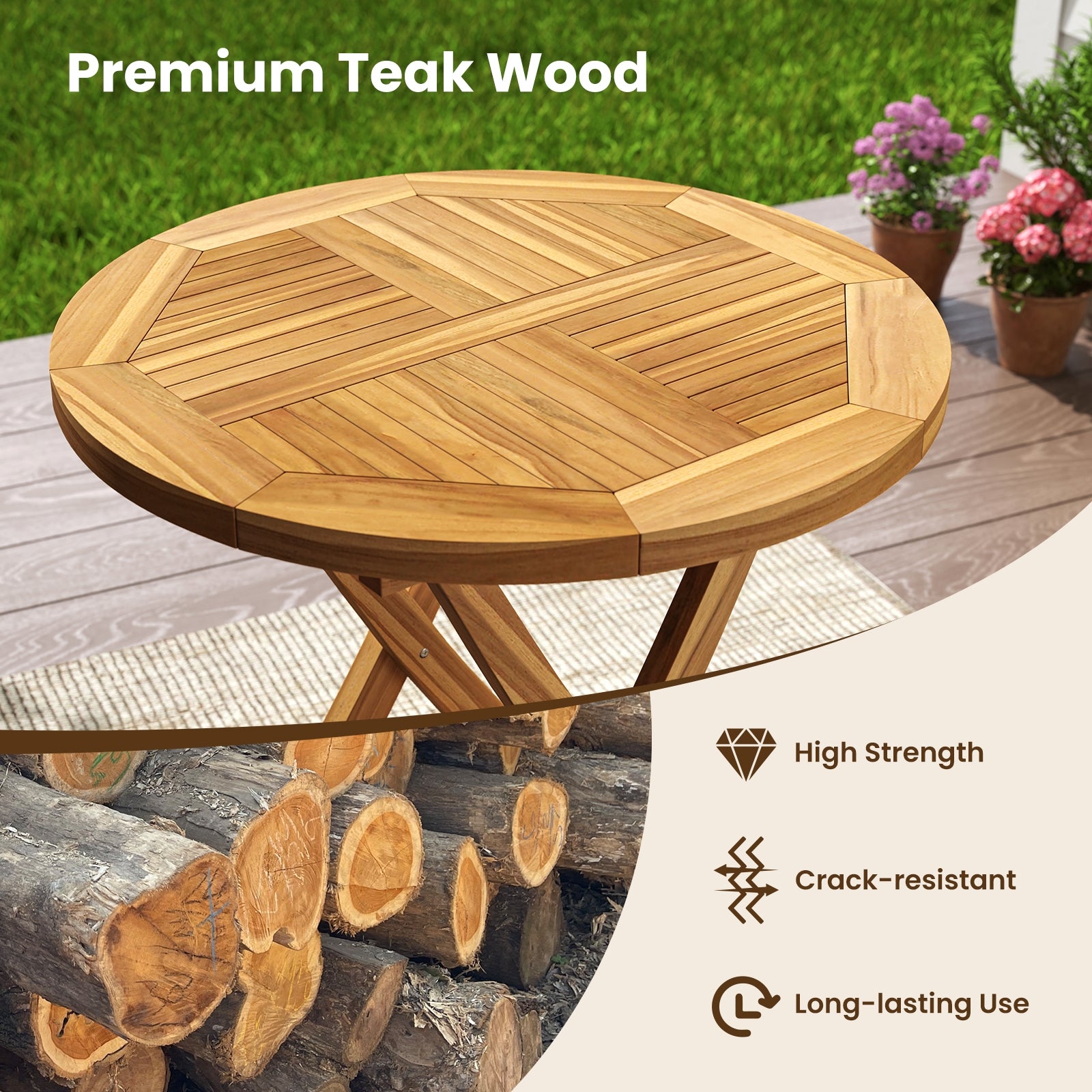 Patio Teak Wood Dining Table with Slatted Tabletop and Sturdy X-Shaped Frame Dining Tables at Gallery Canada