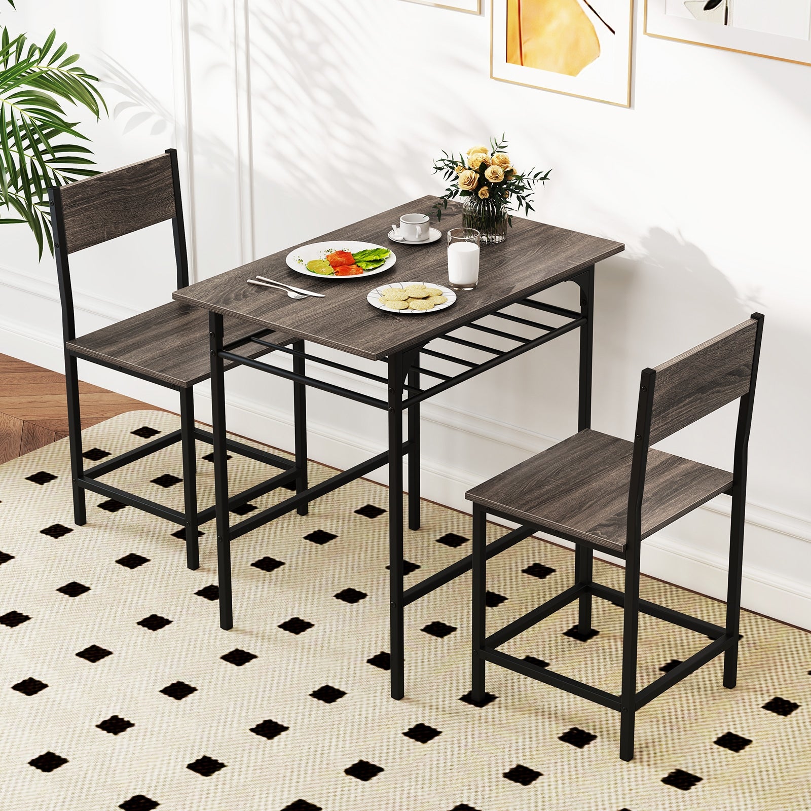 Dining Table Set with Metal Frame and Storage Rack, Gray Dining Room Sets at Gallery Canada