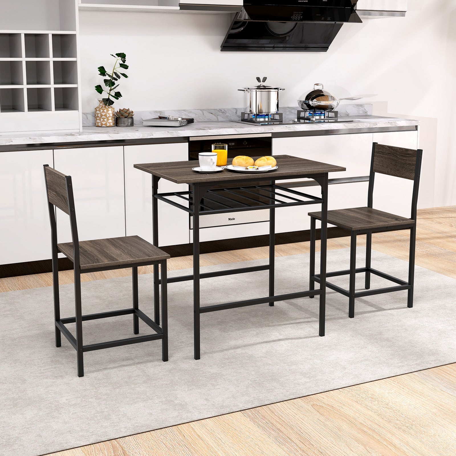 Dining Table Set with Metal Frame and Storage Rack, Gray Dining Room Sets at Gallery Canada