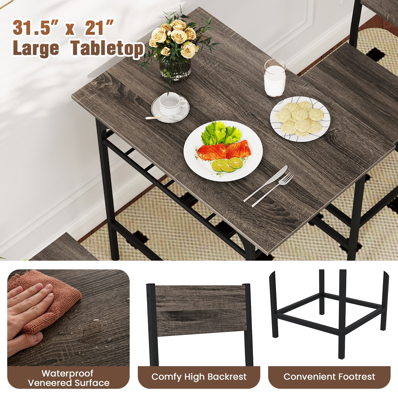 Dining Table Set with Metal Frame and Storage Rack, Gray Dining Room Sets at Gallery Canada