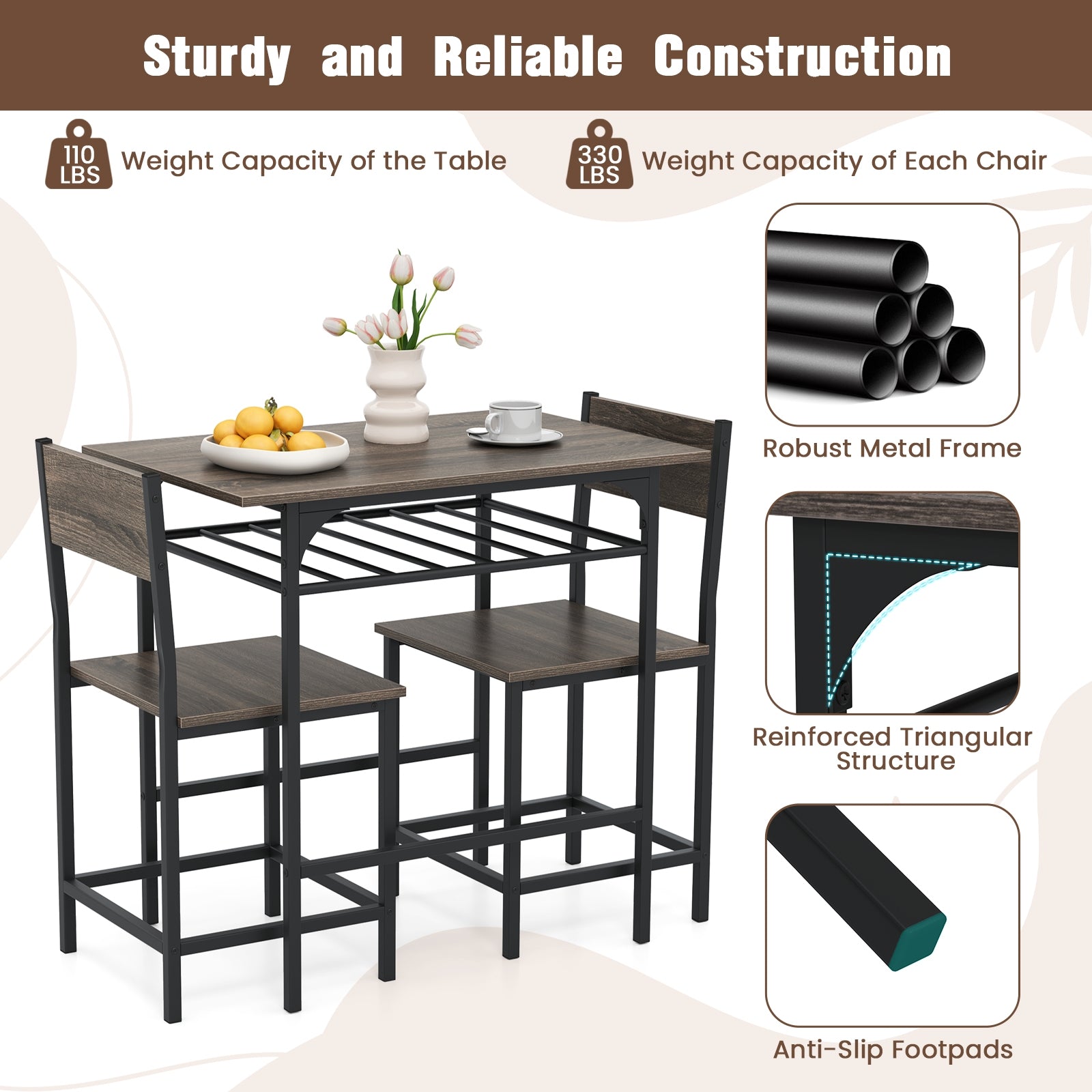Dining Table Set with Metal Frame and Storage Rack, Gray Dining Room Sets at Gallery Canada