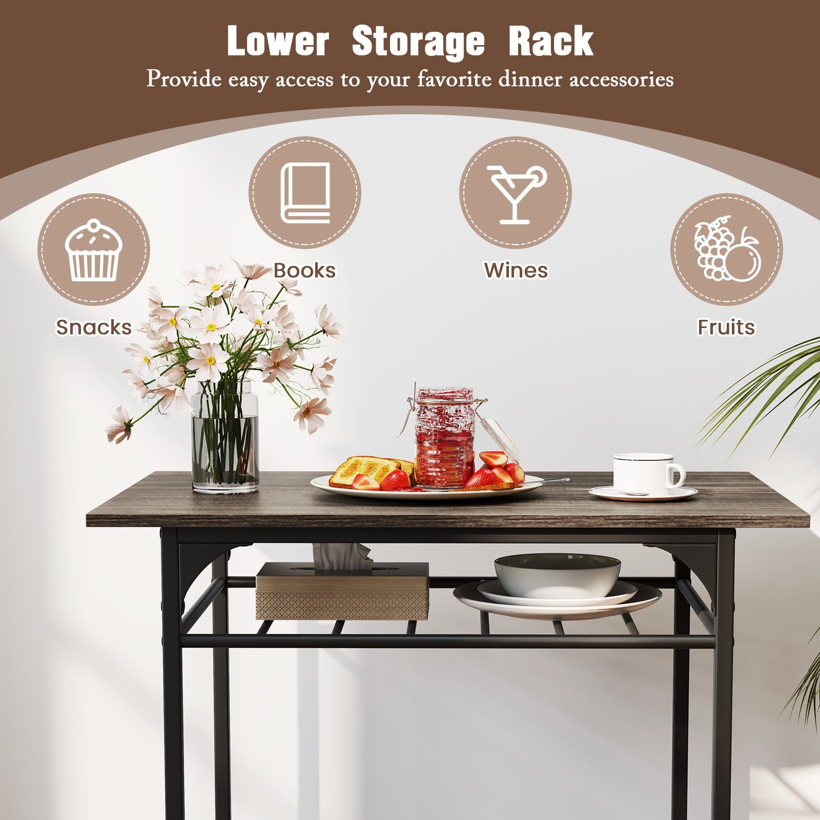 Dining Table Set with Metal Frame and Storage Rack, Gray Dining Room Sets at Gallery Canada