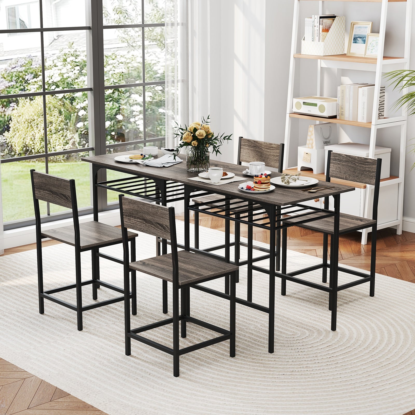 Dining Table Set with Metal Frame and Storage Rack, Gray Dining Room Sets at Gallery Canada