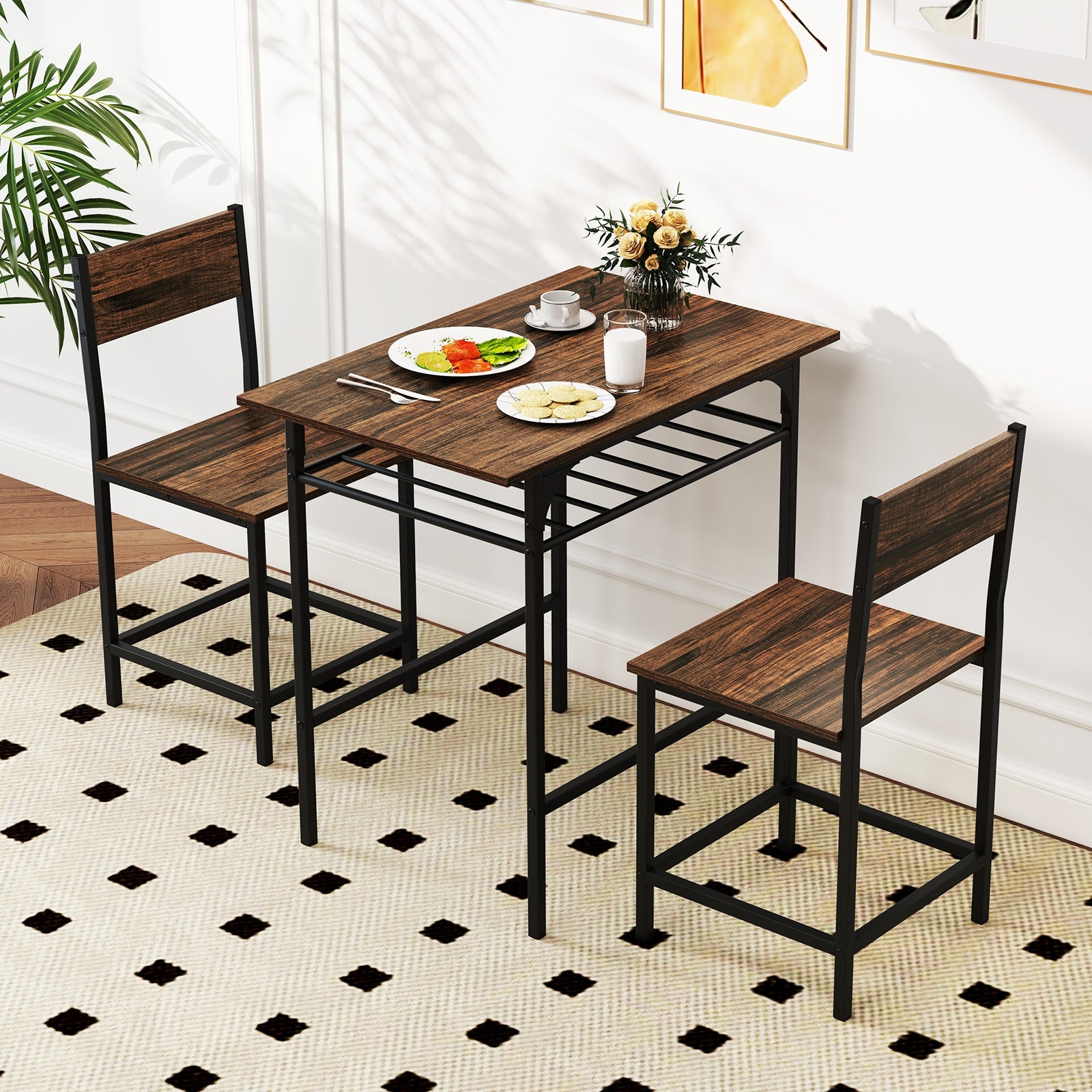 Dining Table Set with Metal Frame and Storage Rack, Rustic Brown Dining Room Sets at Gallery Canada
