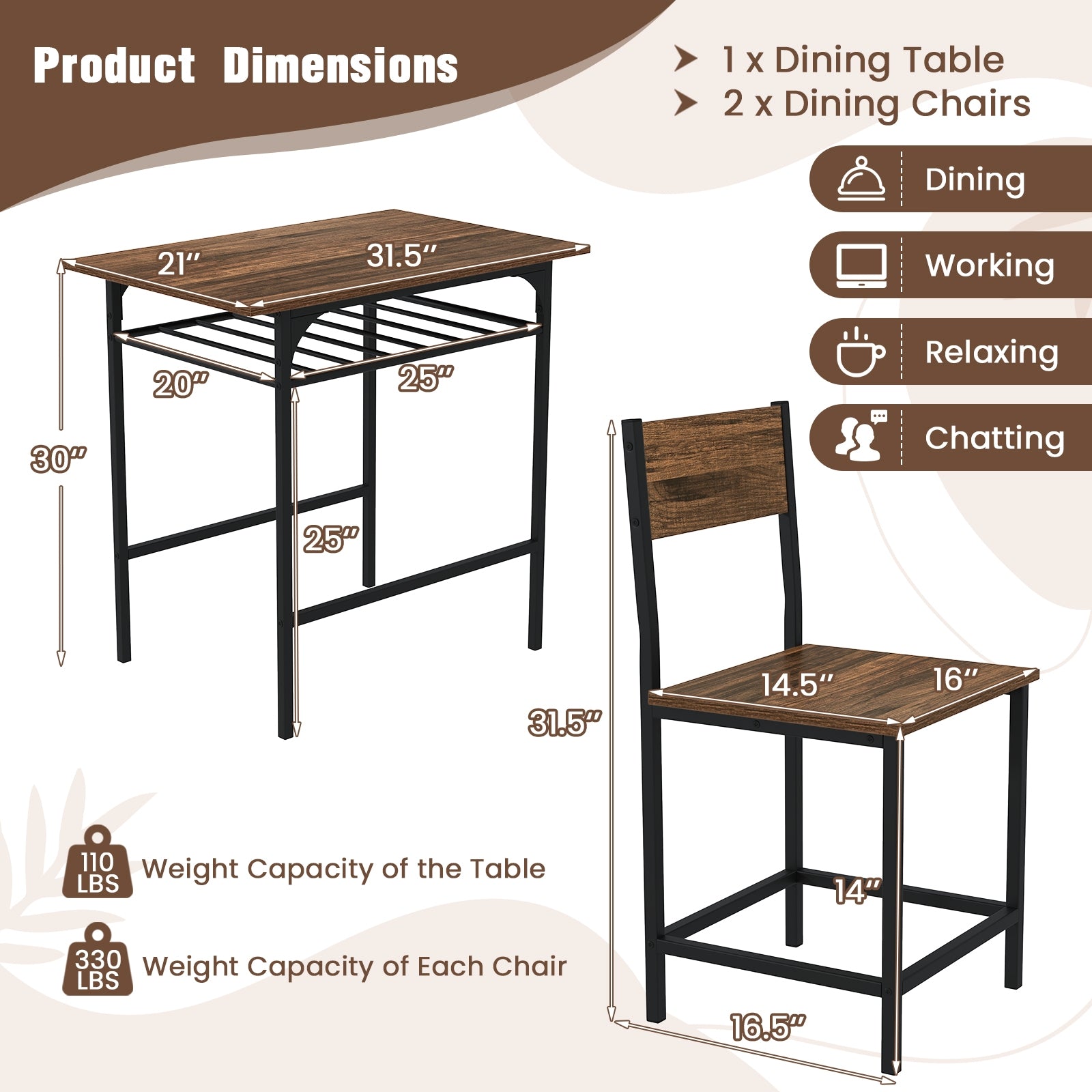 Dining Table Set with Metal Frame and Storage Rack, Rustic Brown Dining Room Sets at Gallery Canada