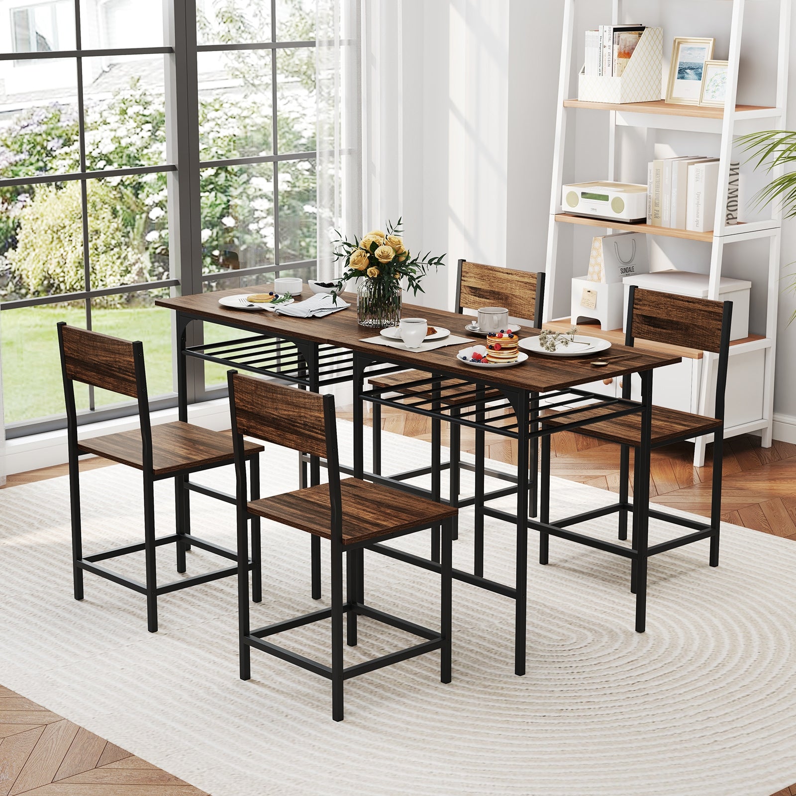 Dining Table Set with Metal Frame and Storage Rack, Rustic Brown Dining Room Sets at Gallery Canada