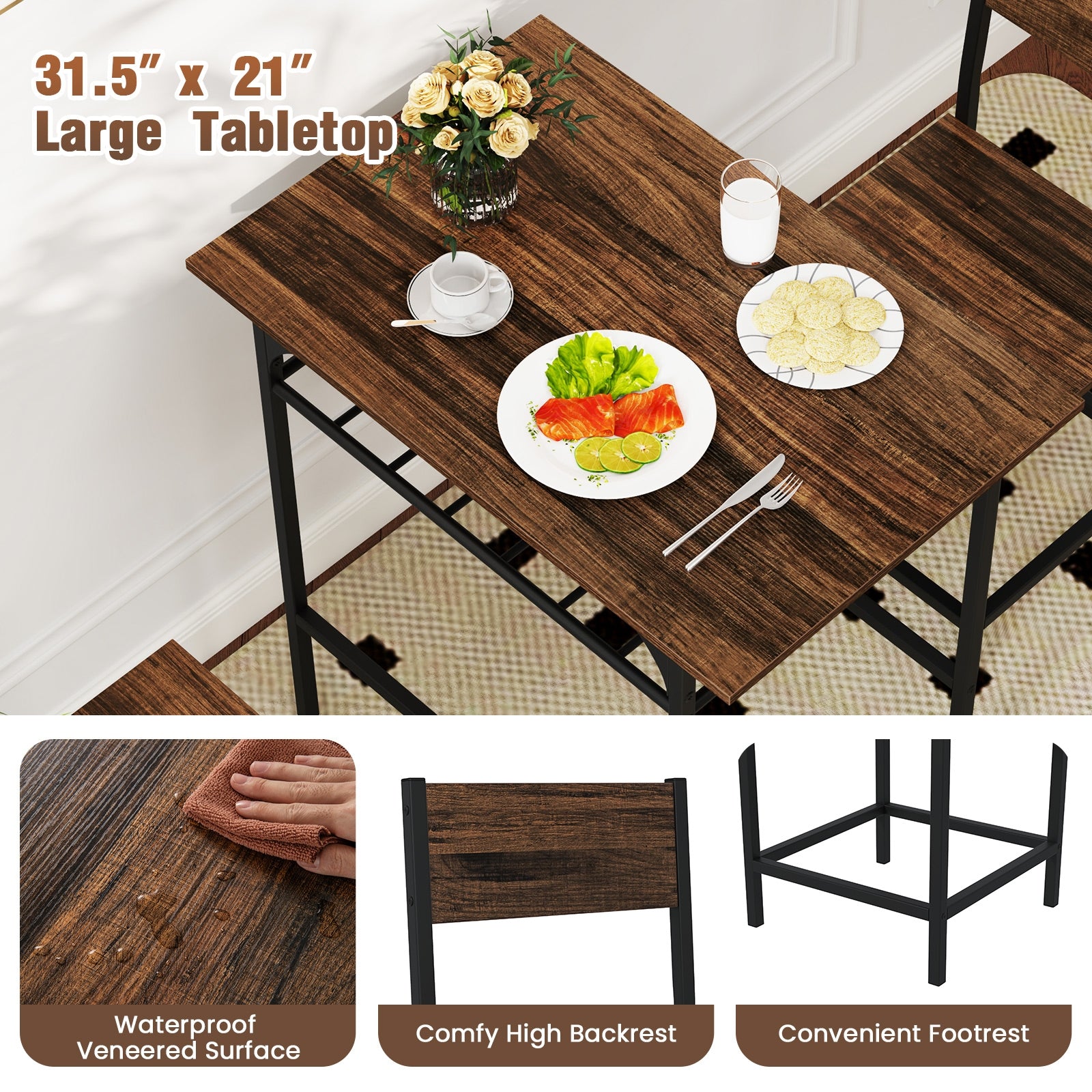 Dining Table Set with Metal Frame and Storage Rack, Rustic Brown Dining Room Sets at Gallery Canada