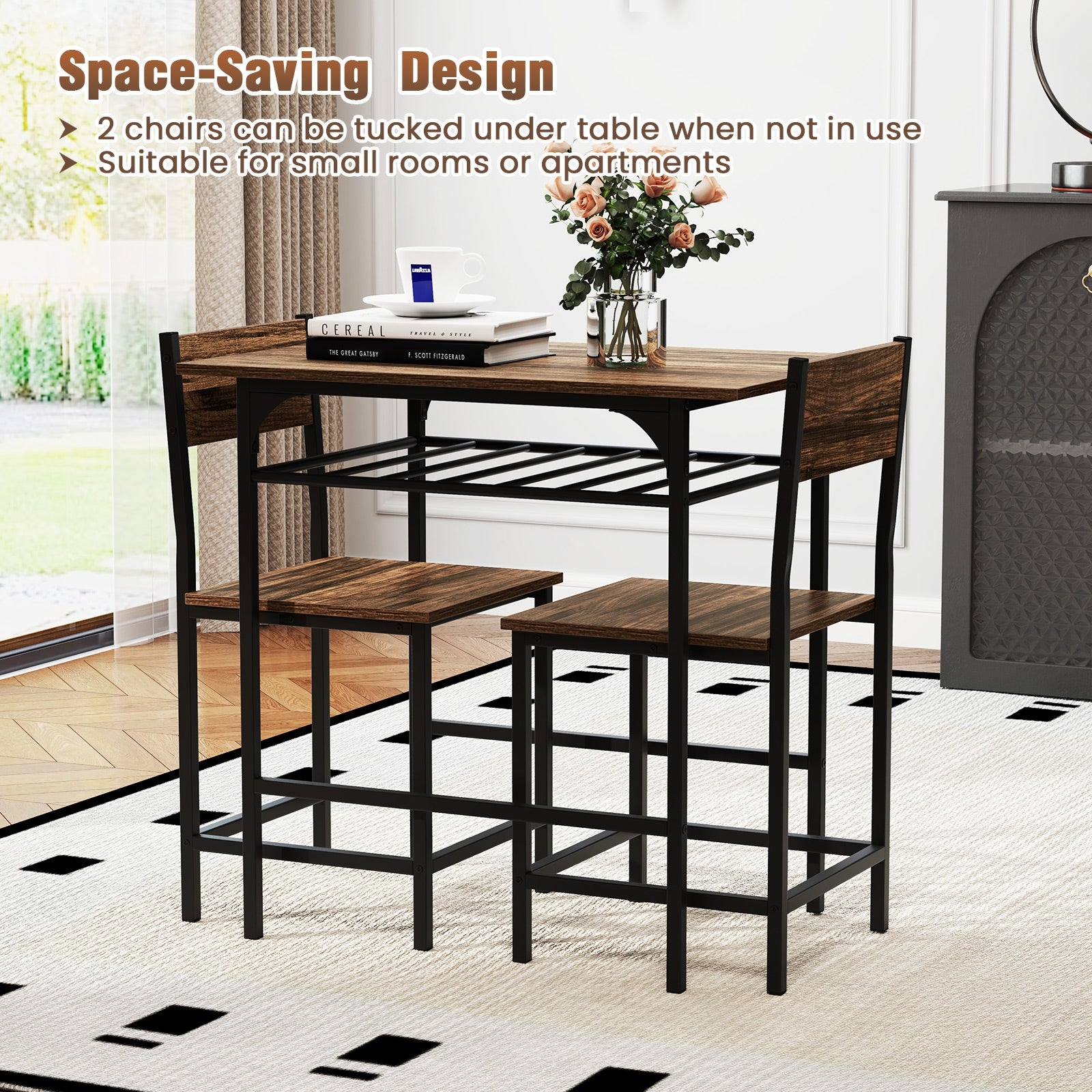 Dining Table Set with Metal Frame and Storage Rack, Rustic Brown Dining Room Sets at Gallery Canada